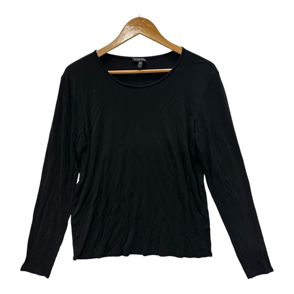 Eileen Fisher Women's L Black 100% Silk Long Sleeve Crew Neck Top